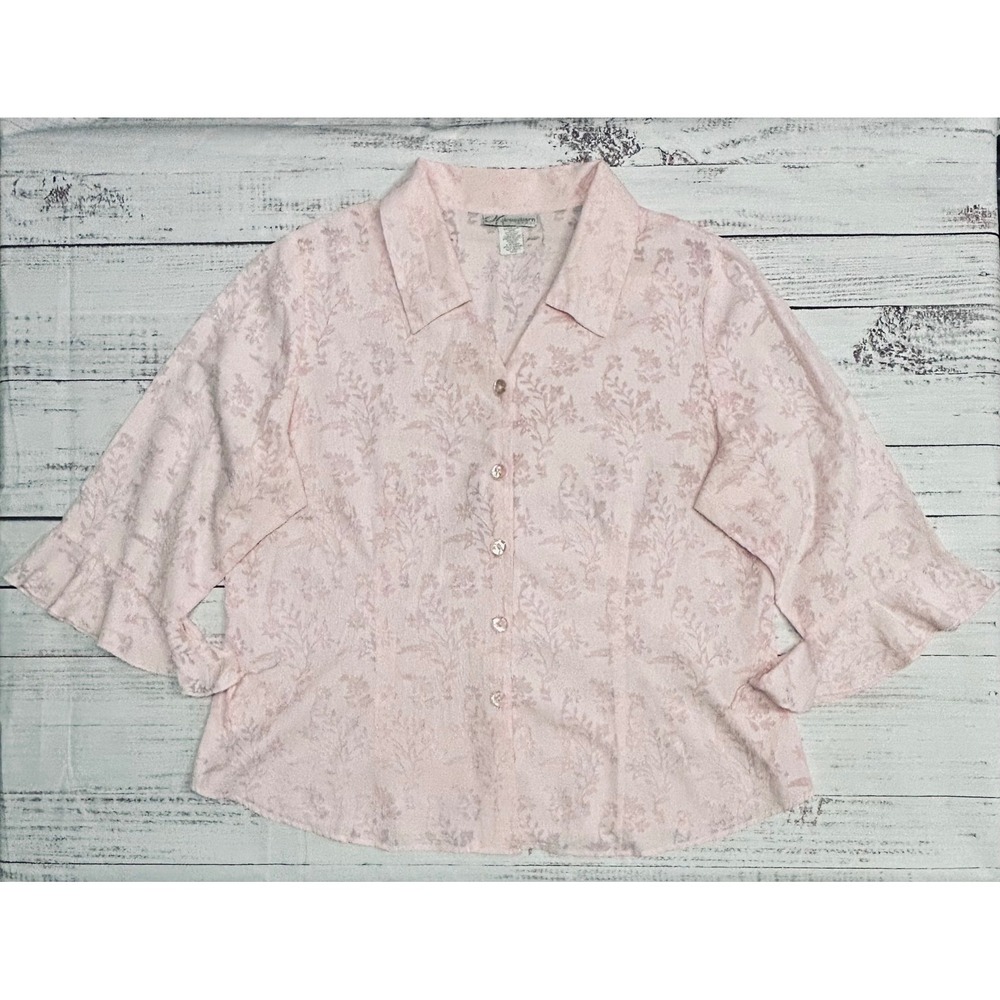 Dressbarn Women's 18/20 Pink Floral Blouse Button Front Ruffle Sleeve Sheer